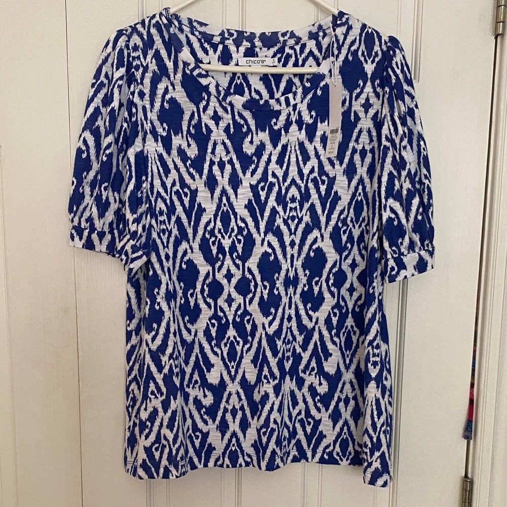 Chico's Blue and White Patterned Blouse